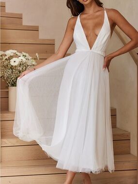 White Plunging V-Neck Spaghetti Strap Midi Dress